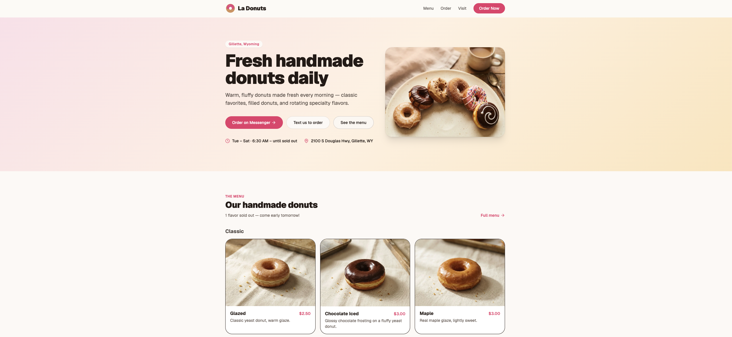 La Donuts homepage — warm pink and cream, handmade donuts hero