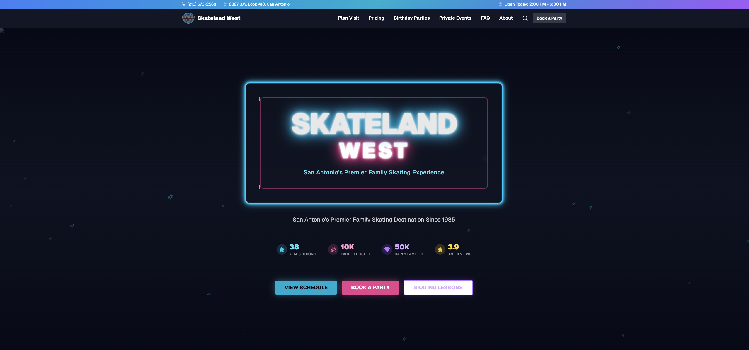 Skateland West homepage — neon signage on a dark field